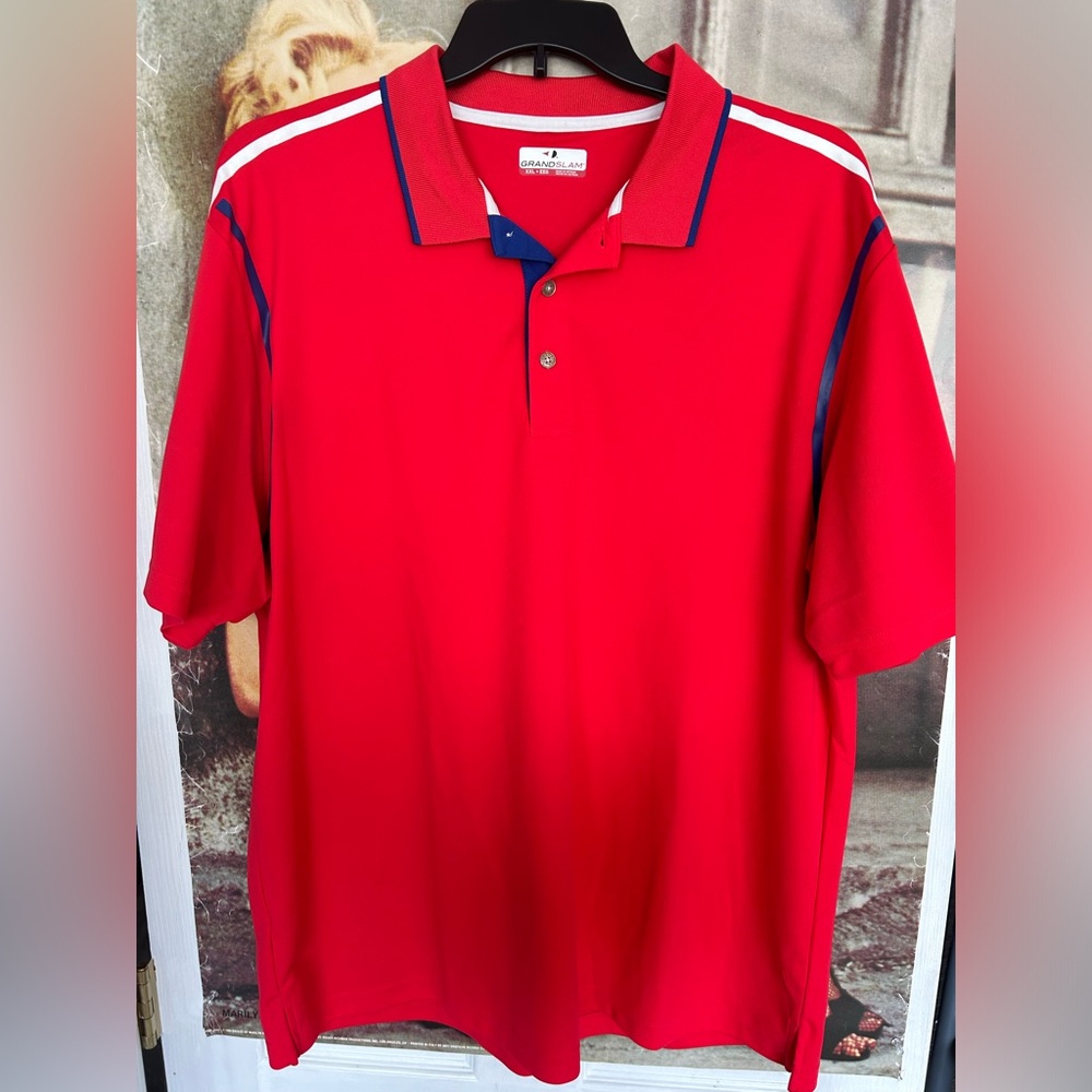Men’s Grand Slam athletic fit golf shirt. Red, white, & blue! Size XXL. EUC!